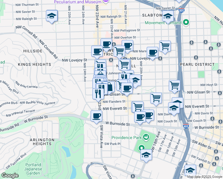map of restaurants, bars, coffee shops, grocery stores, and more near 2222 Northwest Hoyt Street in Portland