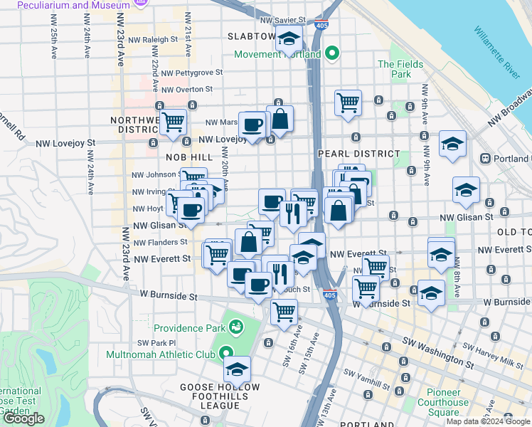 map of restaurants, bars, coffee shops, grocery stores, and more near 550 Northwest 19th Avenue in Portland