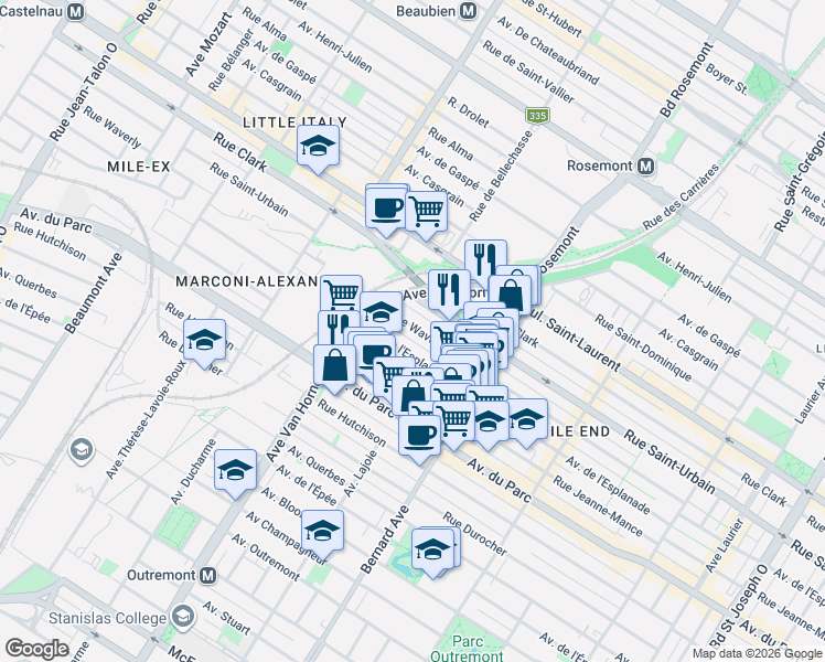 map of restaurants, bars, coffee shops, grocery stores, and more near 06026 Rue Waverly in Montréal