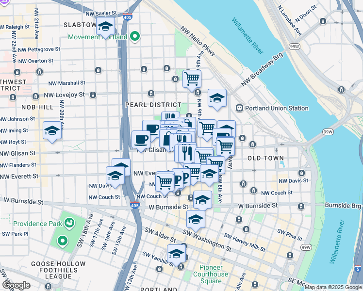 map of restaurants, bars, coffee shops, grocery stores, and more near in Portland