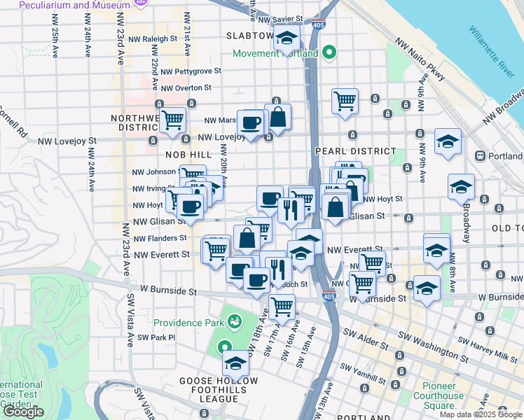map of restaurants, bars, coffee shops, grocery stores, and more near 550 Northwest 19th Avenue in Portland