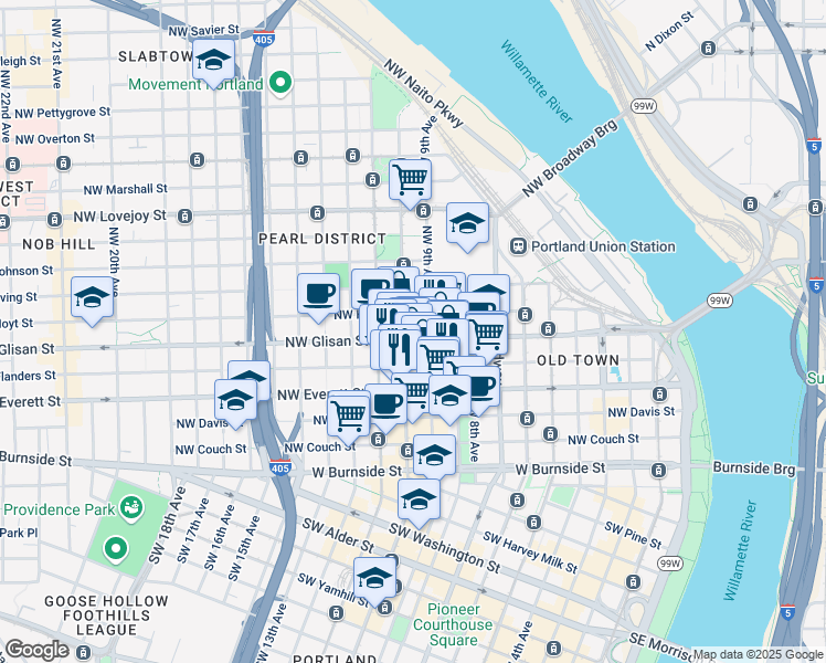 map of restaurants, bars, coffee shops, grocery stores, and more near 425 Northwest 9th Avenue in Portland