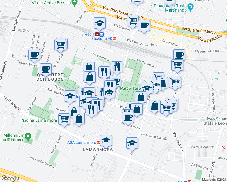 map of restaurants, bars, coffee shops, grocery stores, and more near 12 Via Malta in Brescia