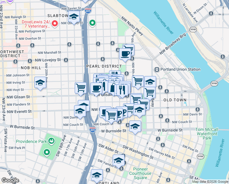 map of restaurants, bars, coffee shops, grocery stores, and more near 512 Northwest 12th Avenue in Portland