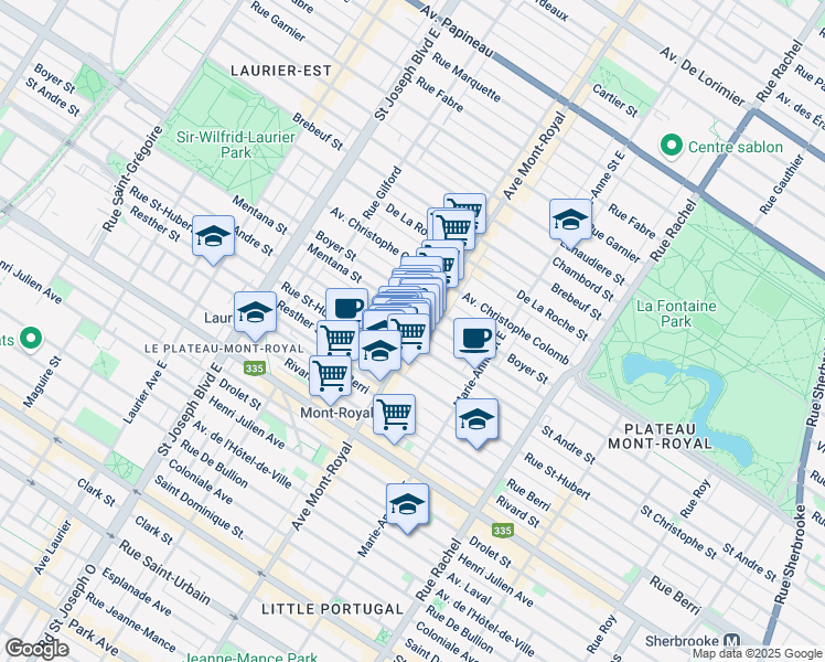 map of restaurants, bars, coffee shops, grocery stores, and more near 915 Avenue du Mont-Royal Est in Montréal