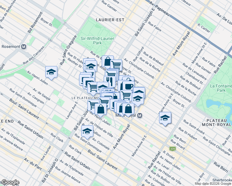 map of restaurants, bars, coffee shops, grocery stores, and more near 4741 Rue Pontiac in Montréal