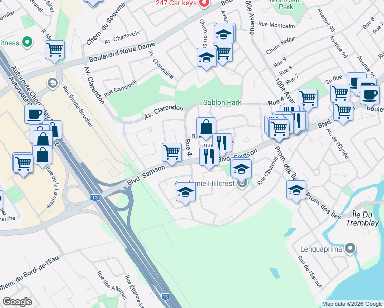 map of restaurants, bars, coffee shops, grocery stores, and more near 5060 4e Rue in Laval