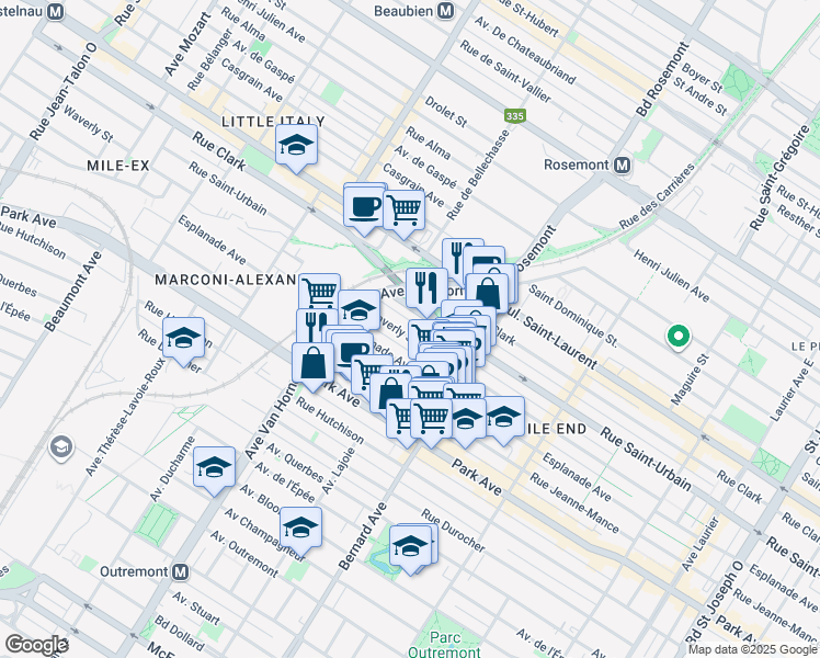 map of restaurants, bars, coffee shops, grocery stores, and more near 5979 Rue Waverly in Montréal