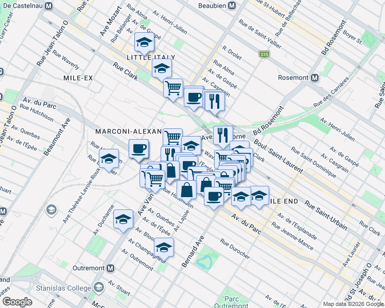map of restaurants, bars, coffee shops, grocery stores, and more near 6117 Avenue de l'Esplanade in Montréal