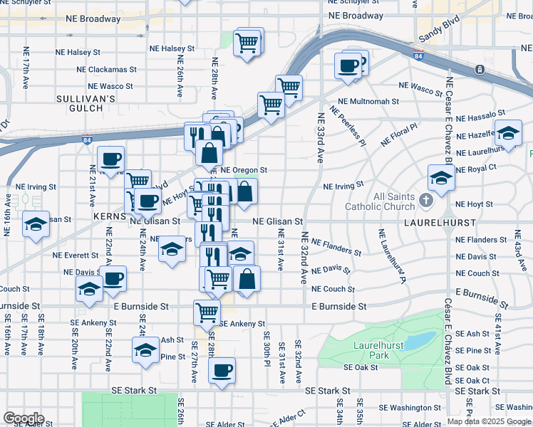 map of restaurants, bars, coffee shops, grocery stores, and more near 3021 Northeast Glisan Street in Portland
