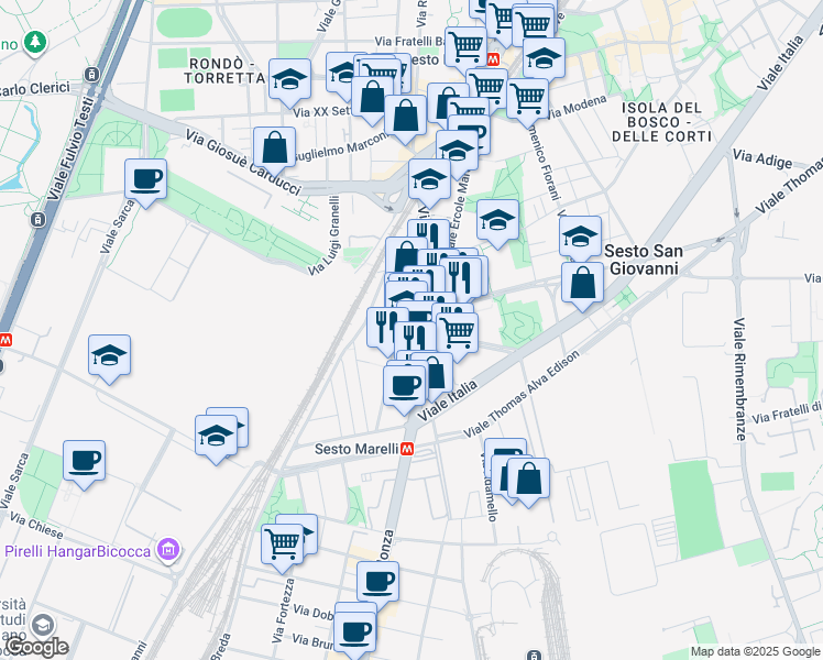 map of restaurants, bars, coffee shops, grocery stores, and more near 22 Via Gorizia in Sesto San Giovanni
