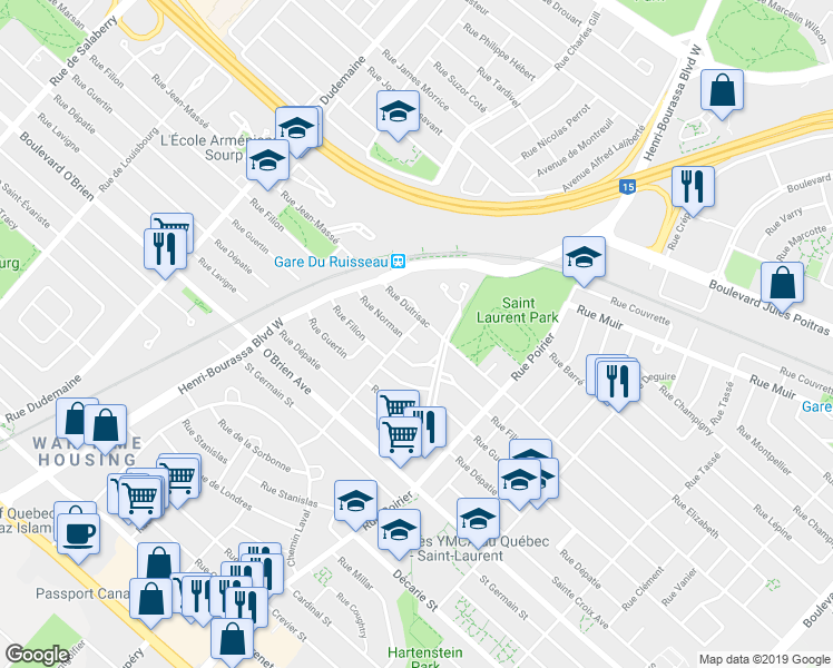 map of restaurants, bars, coffee shops, grocery stores, and more near 1010 Place Cléroux in Montréal