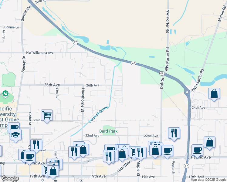 map of restaurants, bars, coffee shops, grocery stores, and more near 2532 Carson Loop in Forest Grove