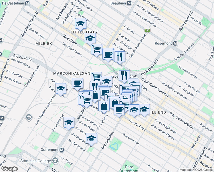 map of restaurants, bars, coffee shops, grocery stores, and more near 6117 Avenue de l'Esplanade in Montréal