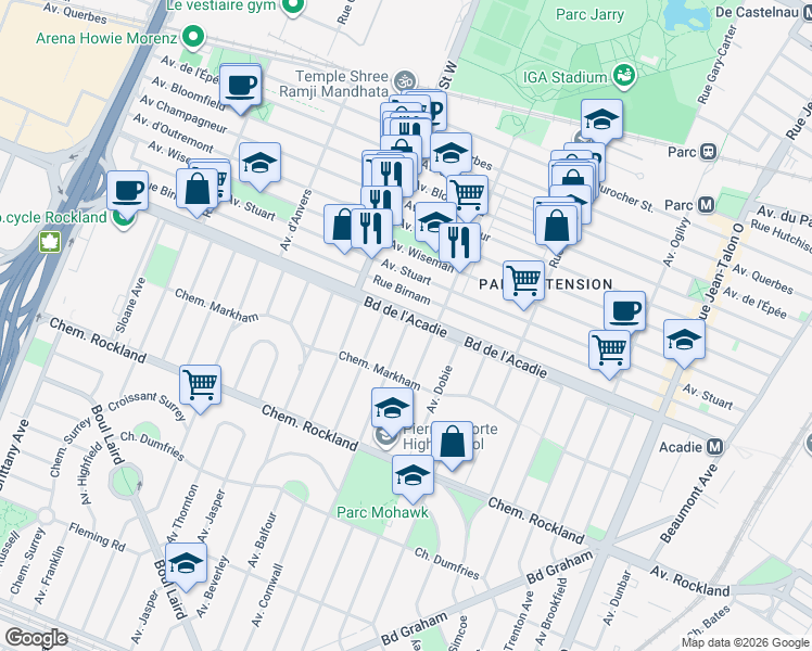 map of restaurants, bars, coffee shops, grocery stores, and more near 475 Avenue Vivian in Mount Royal