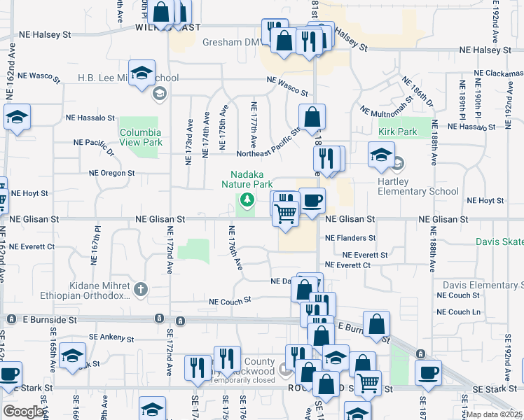 map of restaurants, bars, coffee shops, grocery stores, and more near 17699 Northeast Glisan Street in Portland