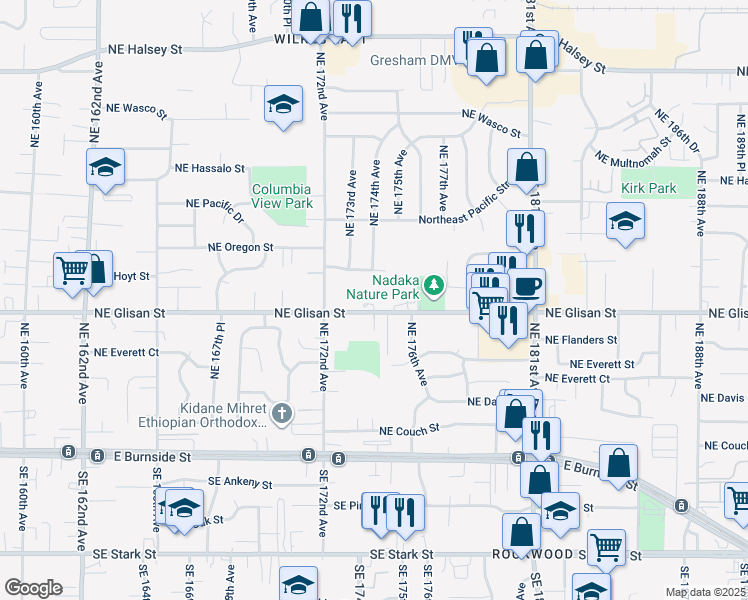 map of restaurants, bars, coffee shops, grocery stores, and more near 17448 Northeast Glisan Street in Portland