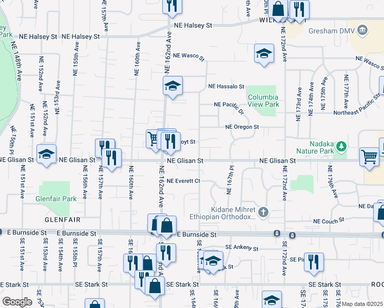 map of restaurants, bars, coffee shops, grocery stores, and more near 16333 Northeast Glisan Street in Portland