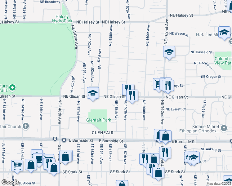 map of restaurants, bars, coffee shops, grocery stores, and more near 15533 Northeast Glisan Street in Portland