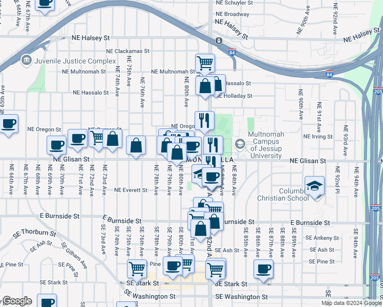 map of restaurants, bars, coffee shops, grocery stores, and more near 8101 Northeast Glisan Street in Portland