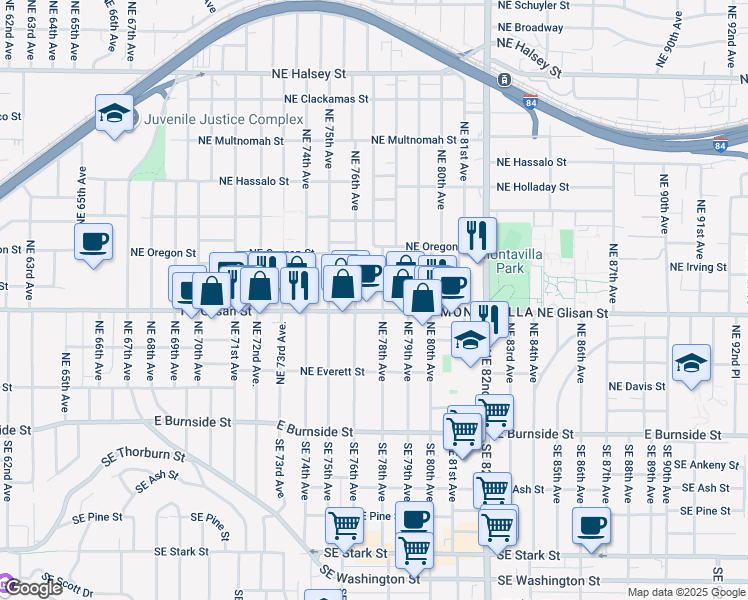 map of restaurants, bars, coffee shops, grocery stores, and more near Northeast Glisan Street in Portland