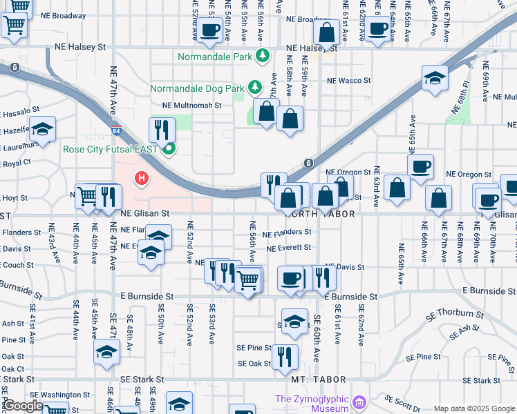map of restaurants, bars, coffee shops, grocery stores, and more near 5634 Northeast Glisan Street in Portland