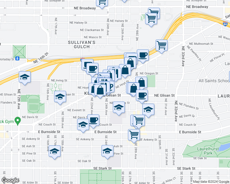 map of restaurants, bars, coffee shops, grocery stores, and more near 2525 Northeast Glisan Street in Portland