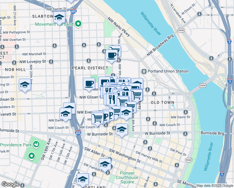 map of restaurants, bars, coffee shops, grocery stores, and more near 425 Northwest 9th Avenue in Portland