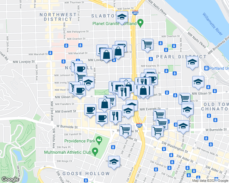 map of restaurants, bars, coffee shops, grocery stores, and more near 507 Northwest 18th Avenue in Portland