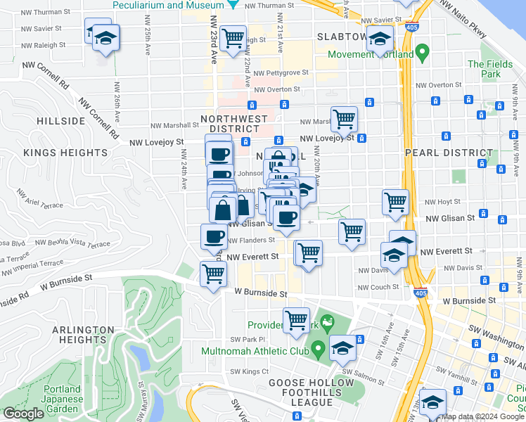 map of restaurants, bars, coffee shops, grocery stores, and more near 2145-2147 Northwest Glisan Street in Portland