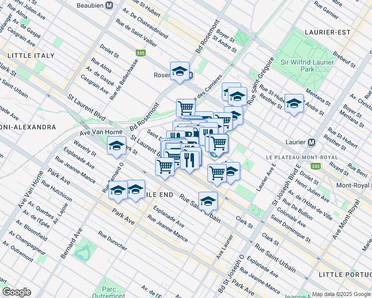map of restaurants, bars, coffee shops, grocery stores, and more near 80 Rue Saint Viateur Est in Montréal