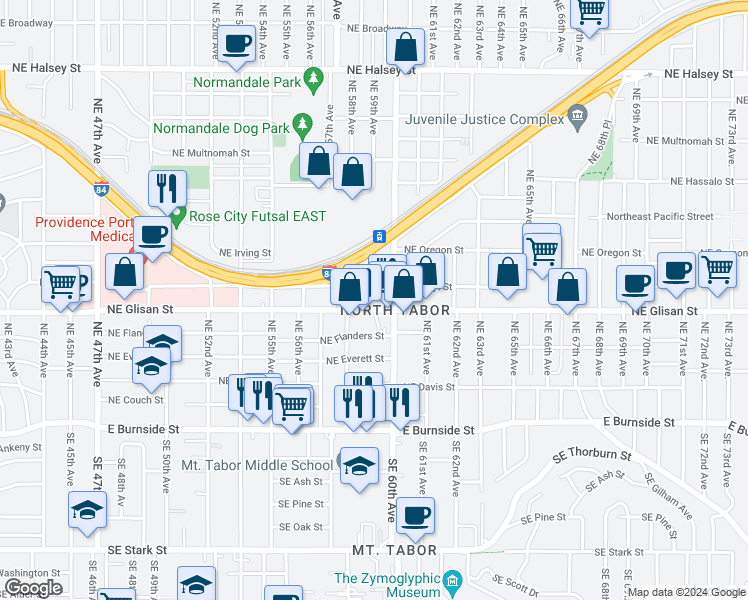 map of restaurants, bars, coffee shops, grocery stores, and more near 5834 Northeast Center Commons Way in Portland