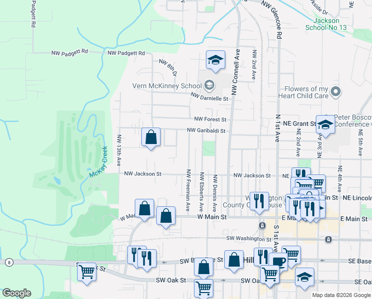 map of restaurants, bars, coffee shops, grocery stores, and more near 429 Northwest Freeman Avenue in Hillsboro