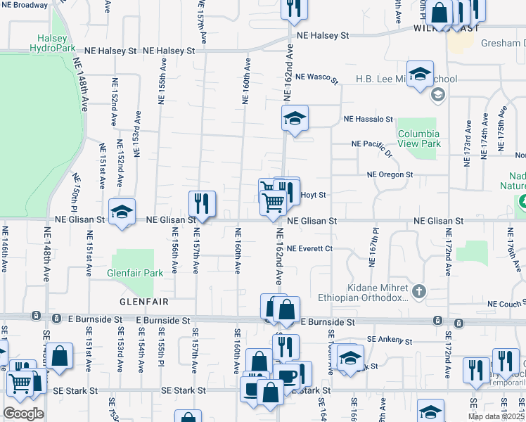 map of restaurants, bars, coffee shops, grocery stores, and more near 16117 Northeast Glisan Street in Portland