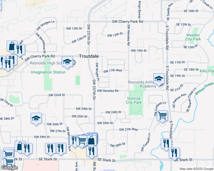 map of restaurants, bars, coffee shops, grocery stores, and more near 936 Southwest 20th Way in Troutdale