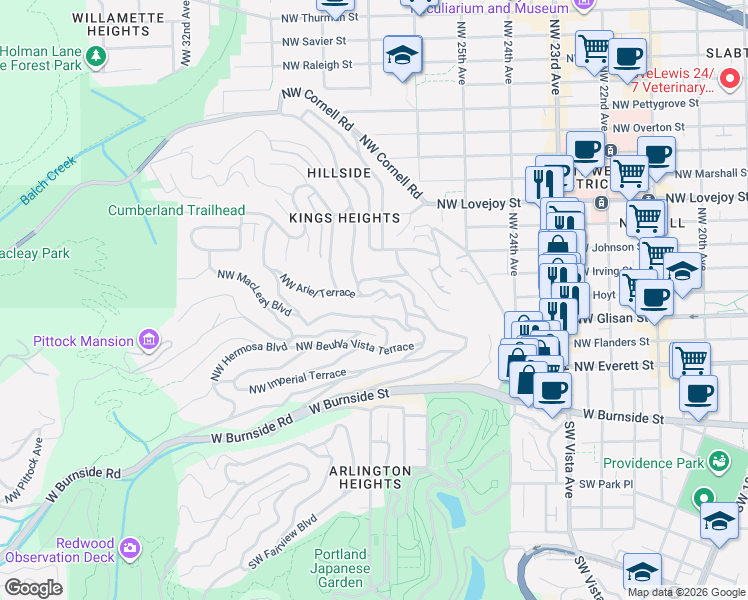 map of restaurants, bars, coffee shops, grocery stores, and more near 515 Northwest Albemarle Terrace in Portland