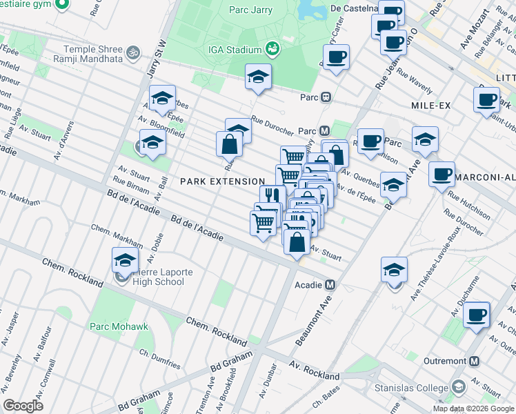 map of restaurants, bars, coffee shops, grocery stores, and more near 7469 Avenue Wiseman in Montréal