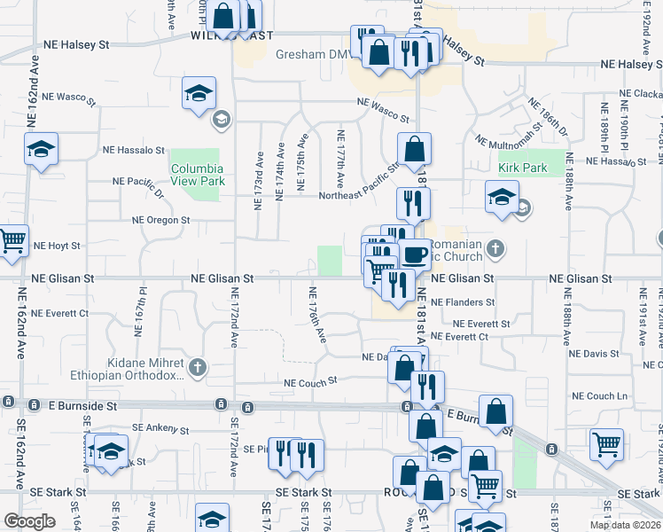 map of restaurants, bars, coffee shops, grocery stores, and more near 17615 Northeast Glisan Street in Portland