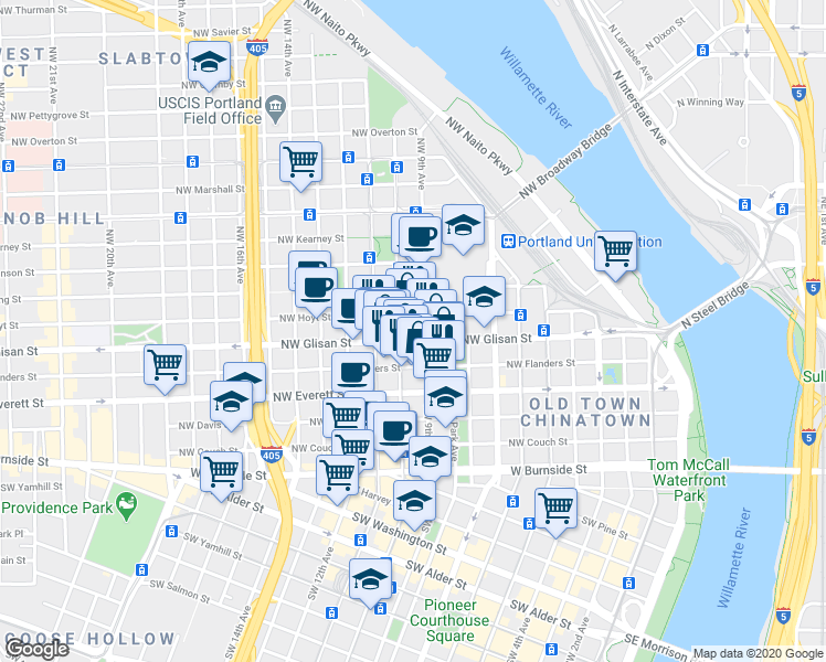 map of restaurants, bars, coffee shops, grocery stores, and more near 425 Northwest 9th Avenue in Portland