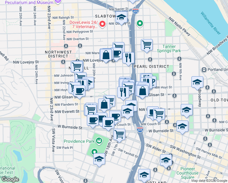 map of restaurants, bars, coffee shops, grocery stores, and more near 525 Northwest 18th Avenue in Portland