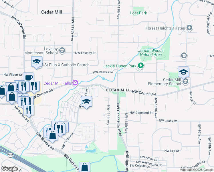 map of restaurants, bars, coffee shops, grocery stores, and more near 11395 Northwest Cornell Road in Portland