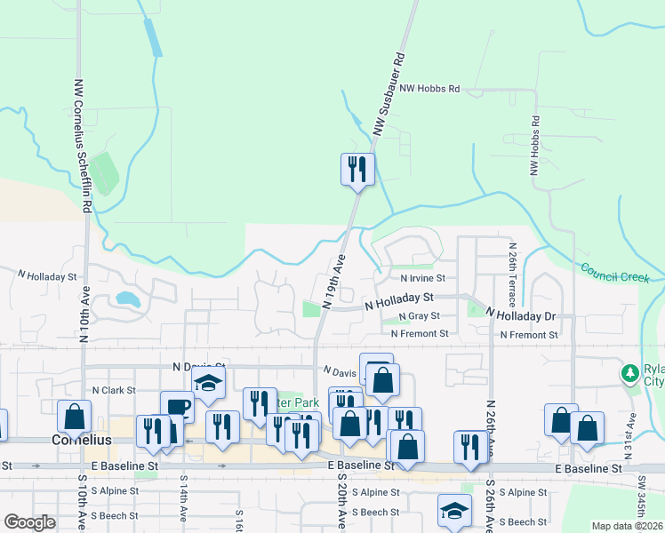 map of restaurants, bars, coffee shops, grocery stores, and more near 925 North 19th Avenue in Cornelius