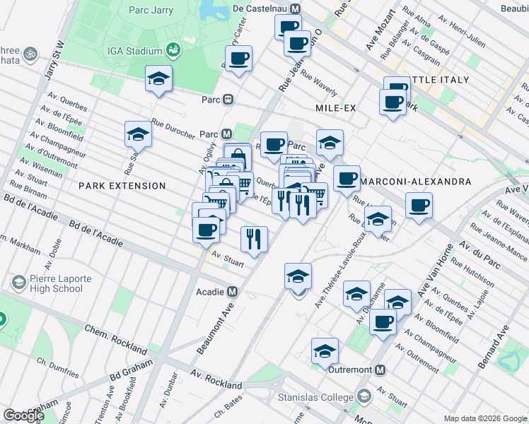 map of restaurants, bars, coffee shops, grocery stores, and more near 6965 Avenue Bloomfield in Montréal