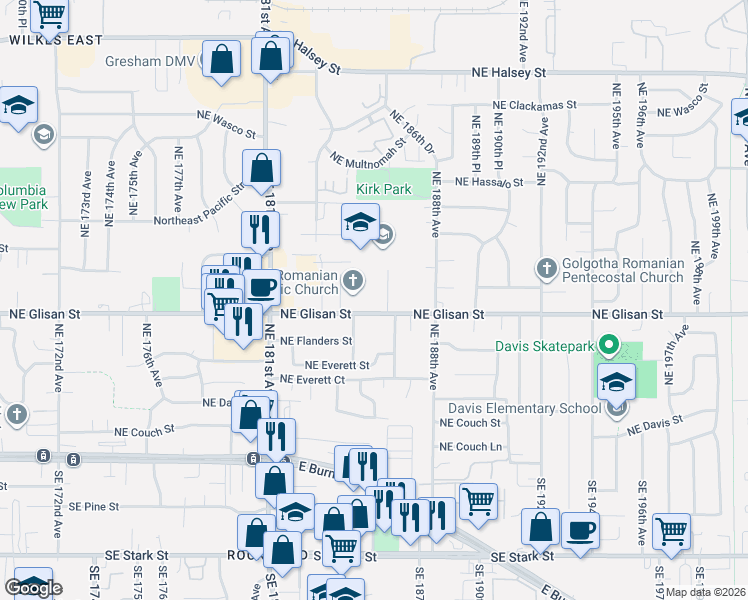 map of restaurants, bars, coffee shops, grocery stores, and more near 18435 Northeast Glisan Street in Portland