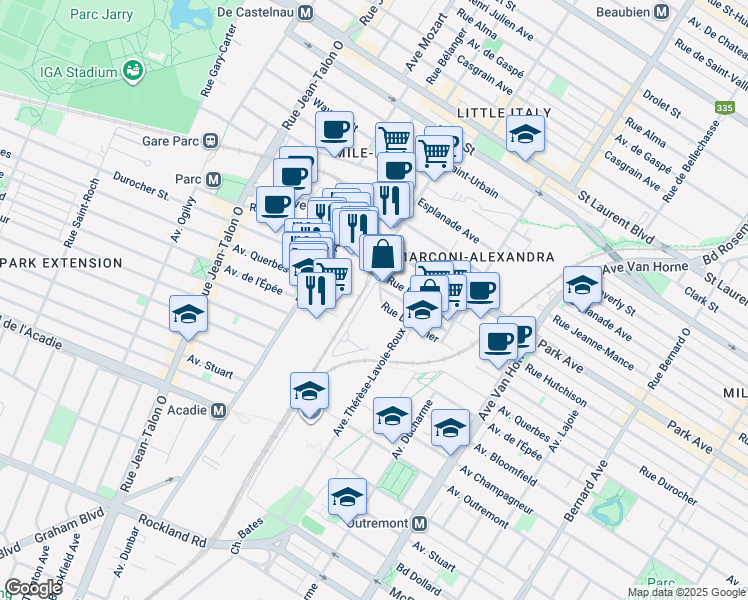 map of restaurants, bars, coffee shops, grocery stores, and more near 715 Boulevard René-Lévesque Ouest in Montréal