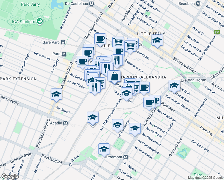 map of restaurants, bars, coffee shops, grocery stores, and more near in Communauté-Urbaine-de-Montréal