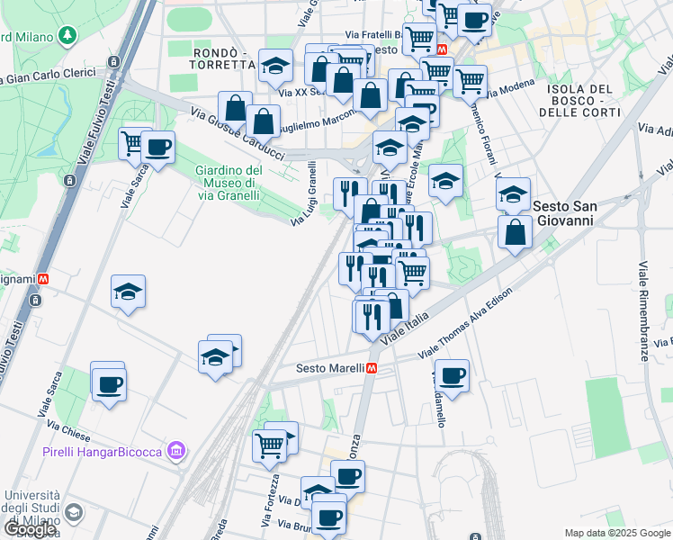 map of restaurants, bars, coffee shops, grocery stores, and more near 71 Via Monte Sabotino in Sesto San Giovanni