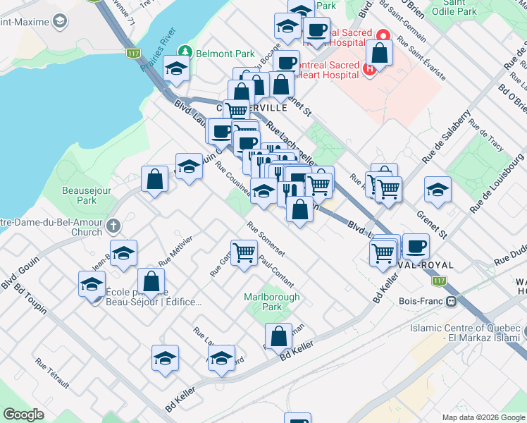 map of restaurants, bars, coffee shops, grocery stores, and more near 12148 Rue Cousineau in Montréal
