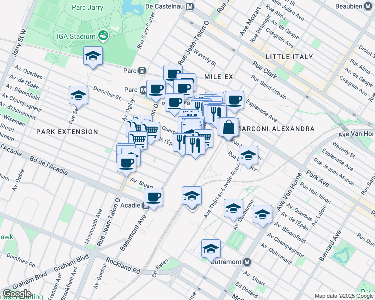 map of restaurants, bars, coffee shops, grocery stores, and more near Avenue de l'Épée in Montréal
