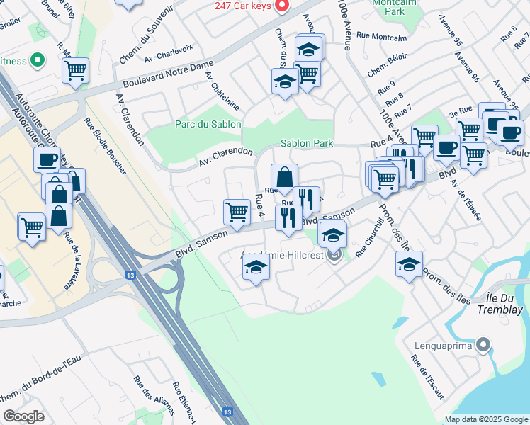 map of restaurants, bars, coffee shops, grocery stores, and more near 5060 4e Rue in Laval